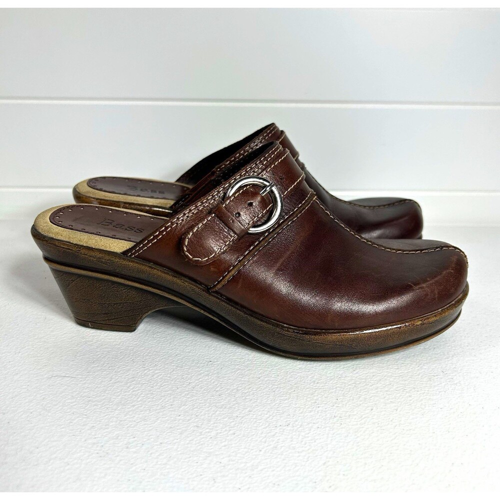 Bass Women’s Shoes Size 6 M Brown Leather Mule Round Toe Slip-On Buckle